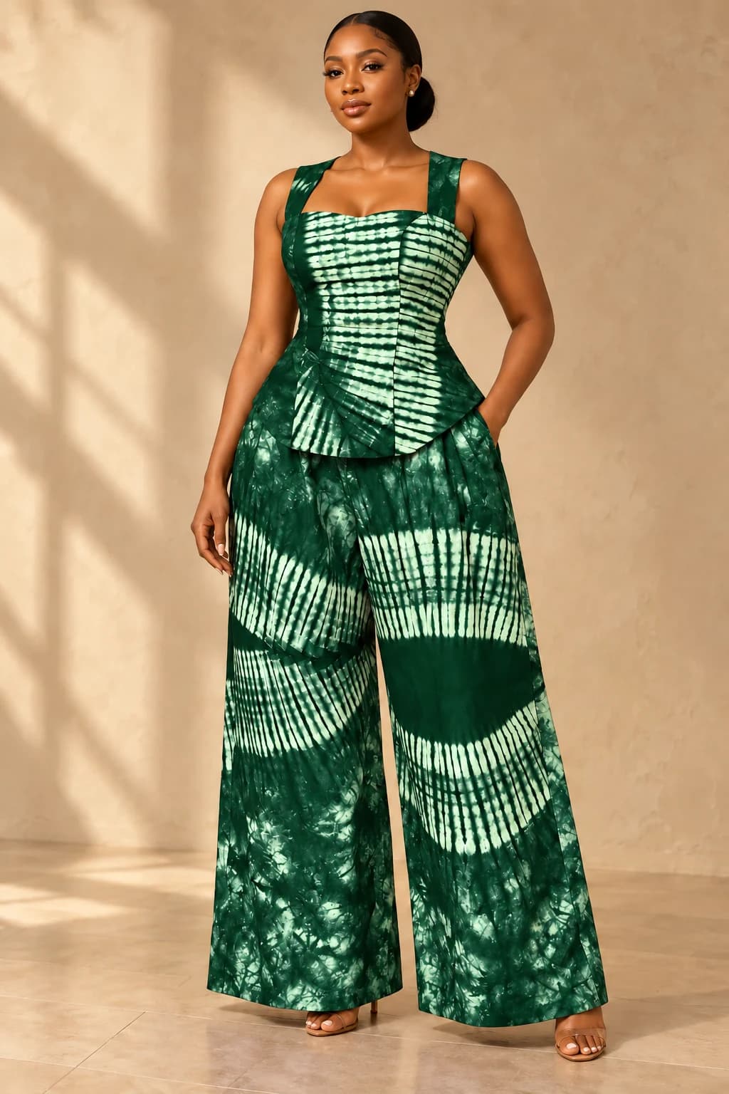 AI concept photograph of a brown-skinned Nigerian woman modeling a green adire outfit